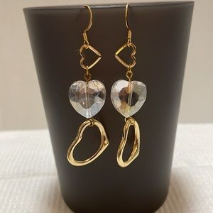 Gold and Crystal Heart Dangle Earrings 22K GP Ear Wires